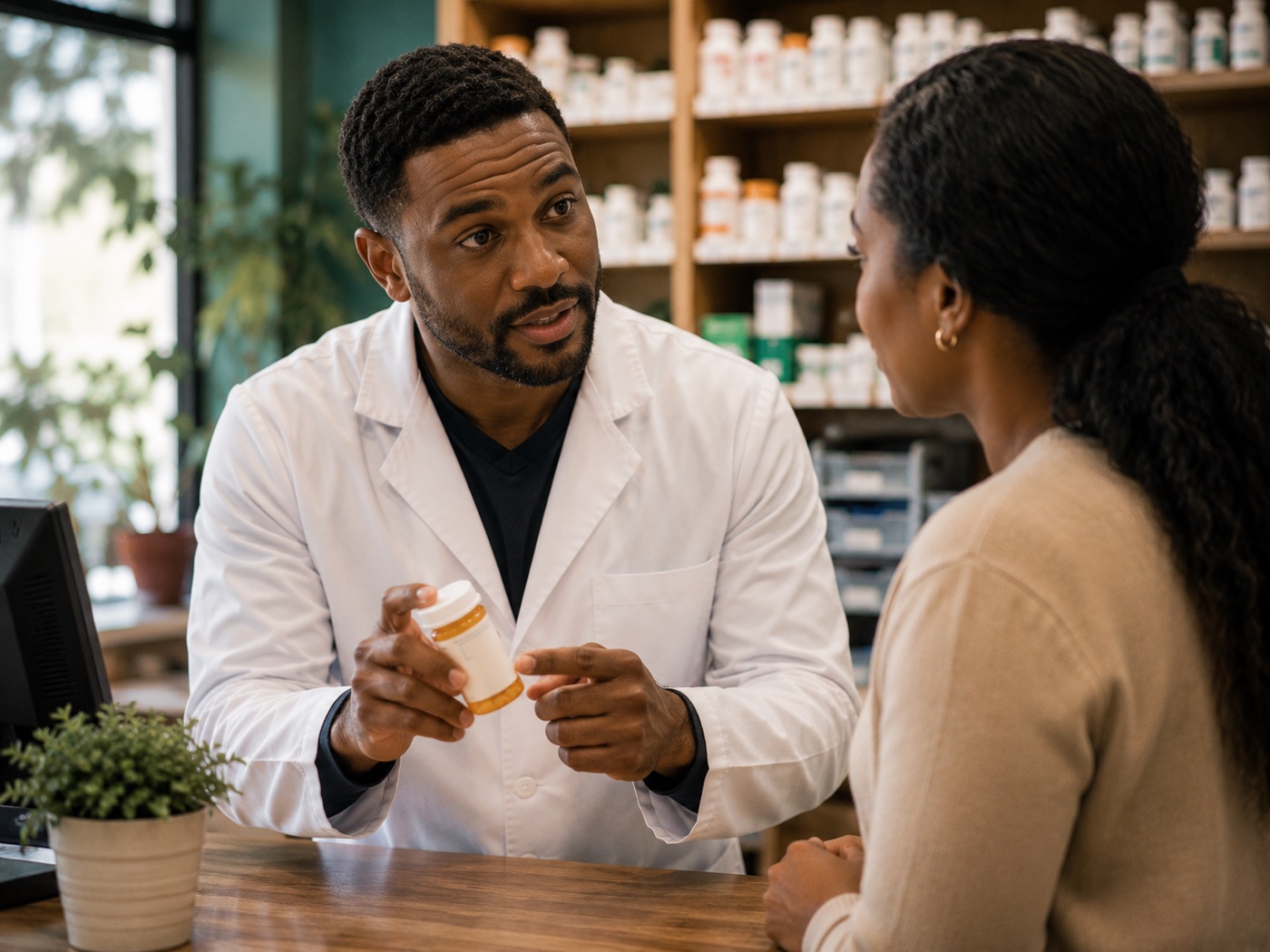 A pharmacist in a white coat consulting with a patient about a prescription at the counter